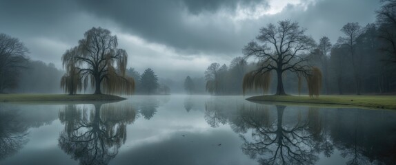 Poster - misty lake landscape with reflections of trees under cloudy sky in tranquil setting