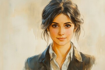 Poster - Portrait of a young woman with a charming expression and casual attire in a soft watercolor style