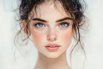 Aufkleber - Captivating portrait of a young woman with striking blue eyes and freckles in a soft, ethereal setting