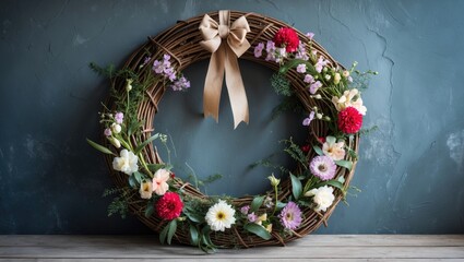 Poster - Floral wreath with assorted fresh flowers and a decorative bow on a textured background indoors