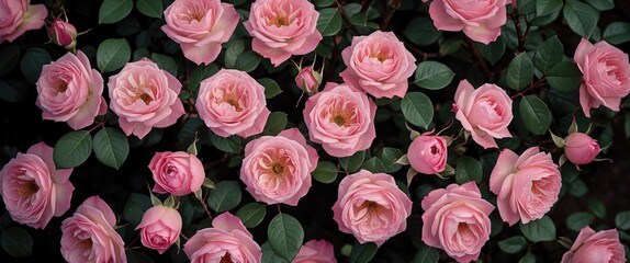 Poster - Pink roses in full bloom arranged with green leaves on a dark background