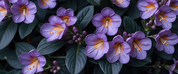 Wall Mural - purple flowers with yellow accents and green leaves background in a natural setting