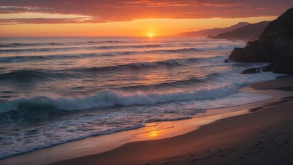 Poster - Sunset over ocean waves with rocky coastline and distant hills in calm waters reflecting colorful sky in evening light