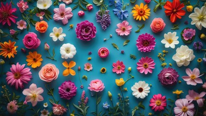 Sticker - Colorful arrangement of various flowers on a vibrant blue background creating a visually appealing floral flat lay composition