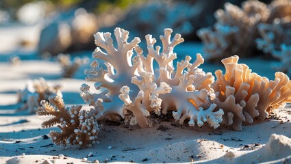 Wall Mural - Coral formations on sandy beach under sunlight showcasing diverse textures and colors of marine life in natural environment