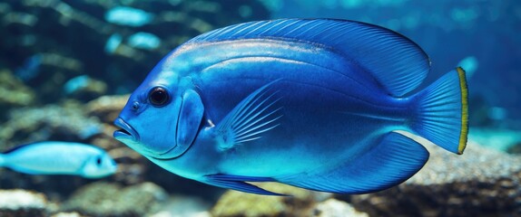 Wall Mural - Blue tropical fish swimming in clear ocean water with coral background in aquatic environment