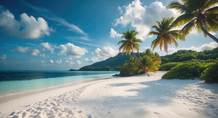 Wall Mural - Tropical beach landscape with palm trees, white sand, clear turquoise water, and distant mountains on a sunny day with scattered clouds