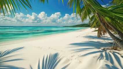 Poster - tropical beach scene with white sand palm trees and clear turquoise ocean under a blue sky with fluf