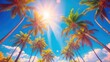 © The 2R Artificiality - Tropical palm trees silhouette against bright sun and blue sky with clouds in summer season landscape image