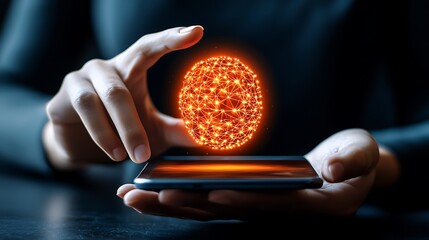 Poster - Hand Holding Smartphone with Floating Sphere of Light Network Concept