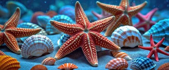 Wall Mural - Colorful starfish and seashells underwater scene with diverse marine life on sandy ocean floor. Clear blue water backdrop.