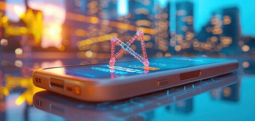 Poster - A close-up view of a smartphone displaying a vibrant digital interface with a futuristic graph overlay