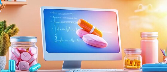 A modern workspace featuring a computer displaying colorful capsules against a soft gradient background, symbolizing health and technology in the pharmaceutical industry.