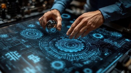 Poster - A person manipulating a holographic interface with gears and circuits in a futuristic workspace