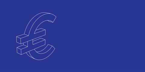 Poster - The outline of a large euro symbol made of white lines on the left. 3D view of the object in perspective. Vector illustration on indigo background