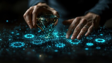 Poster - Hands manipulating a holographic cup amidst glowing gears and digital elements on a dark surface