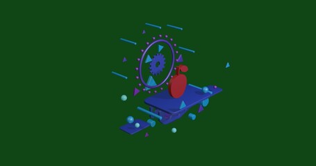 Poster - Red apple symbol on a pedestal of abstract geometric shapes floating in the air. Abstract concept art with flying shapes in the center. 3d illustration on green background