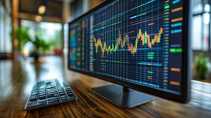 Poster - Modern workspace featuring a computer monitor displaying stock market data with a wooden desk