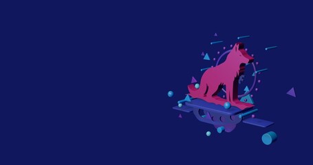 Poster - Pink wild wolf symbol on a pedestal of abstract geometric shapes floating in the air. Abstract concept art with flying shapes on the right. 3d illustration on indigo background