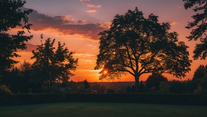 Poster - sunset skyline with silhouetted trees against vibrant orange and purple sky in evening light