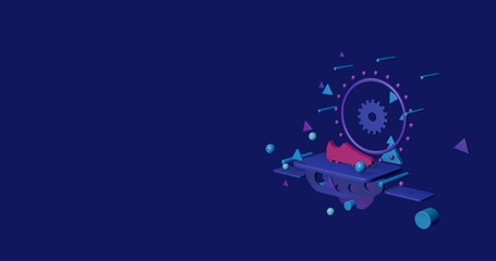 Poster - Pink football boot symbol on a pedestal of abstract geometric shapes floating in the air. Abstract concept art with flying shapes on the right. 3d illustration on indigo background