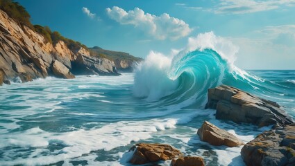 Poster - crashing ocean wave on rocky coastline with vibrant turquoise water under a partly cloudy sky