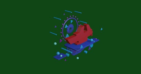 Poster - Red vise symbol on a pedestal of abstract geometric shapes floating in the air. Abstract concept art with flying shapes in the center. 3d illustration on green background