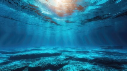 Poster - Underwater scene with sunlight filtering through the water surface illuminating rocky ocean floor in vibrant blue tones