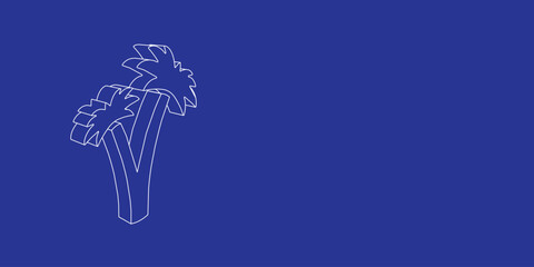 Poster - The outline of a large palm trees symbol made of white lines on the left. 3D view of the object in perspective. Vector illustration on indigo background