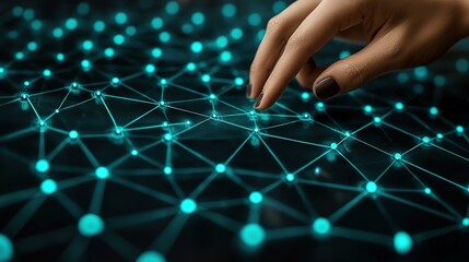 Poster - Hand interacting with a glowing digital network, symbolizing technology and connectivity in a futuristic setting