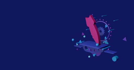 Poster - Pink falling rocket symbol on a pedestal of abstract geometric shapes floating in the air. Abstract concept art with flying shapes on the right. 3d illustration on indigo background