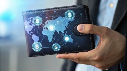 Aufkleber - Hand holding a digital wallet with a world map and currency symbols displayed.