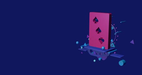 Poster - Pink Three of Spades playing card on a pedestal of abstract geometric shapes floating in the air. Abstract concept art with flying shapes on the right. 3d illustration on indigo background