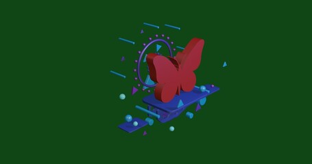 Poster - Red butterfly symbol on a pedestal of abstract geometric shapes floating in the air. Abstract concept art with flying shapes in the center. 3d illustration on green background
