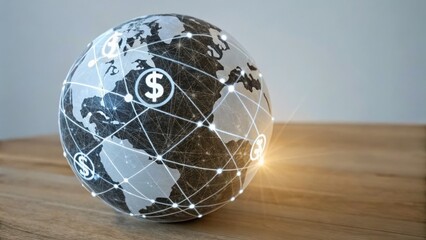 Poster - Digital globe with dollar signs representing global finance and connectivity on a wooden surface.