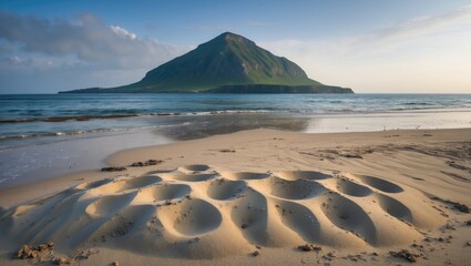 Poster - sandy beach with unique patterns in foreground and mountainous island in background under clear blue