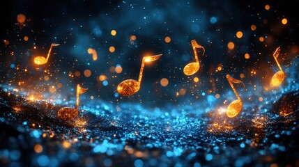 Canvas Print - Golden musical notes, dark background, sparkling dust