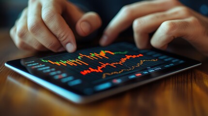Poster - Hands interacting with a tablet displaying financial data trends on a wooden table background