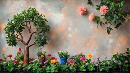 Poster - Bonsai tree beside colorful flowers in pots with textured wall background decorated with artificial blooms