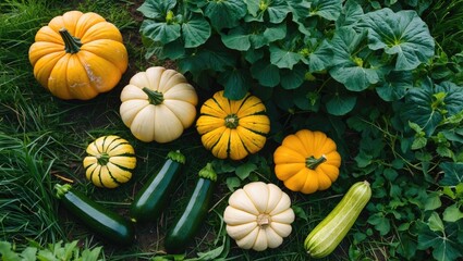 Wall Mural - Assorted pumpkins and zucchinis arranged on green grass surrounded by leafy plants in a garden setting