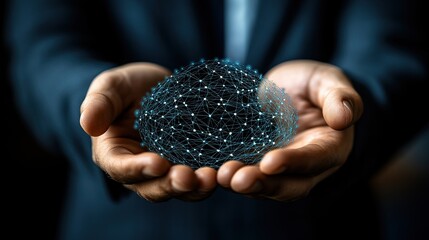 Poster - Businessman holding a digital sphere of interconnected nodes, symbolizing technology and innovation