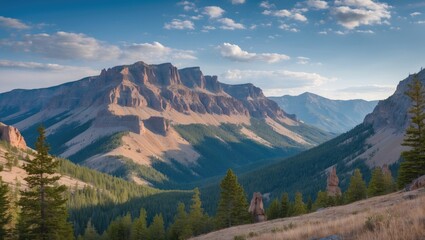 Poster - Mountain landscape with rugged peaks and green pine forests under a cloudy sky during daytime. Natural scenic beauty in wilderness.