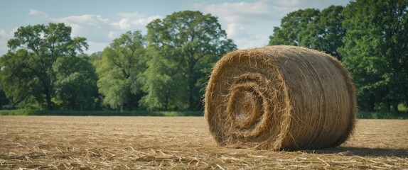 Wall Mural - Hay bale in a harvested field with trees in the background under a clear blue sky during daytime