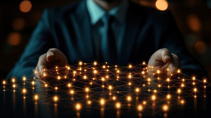 Poster - Business professional presenting a glowing network of connections in a modern office setting