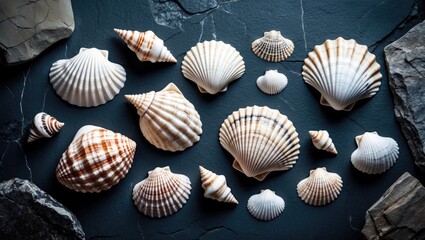 Poster - Various seashells arranged on a dark stone surface with contrasting rocks and textures showcasing natural patterns and colors.