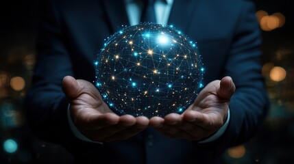 Poster - Business professional holding a glowing digital globe, symbolizing global connectivity and innovation