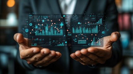 Poster - Business professional presenting digital data analytics in hands, showcasing graphs and statistics