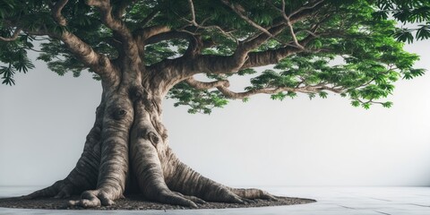 Poster - Large majestic tree with thick trunk and abundant green leaves in minimalist indoor environment