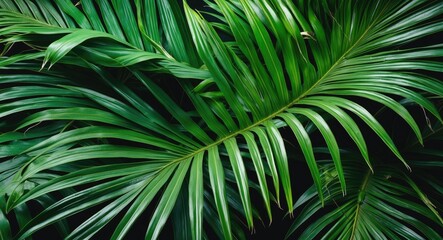 Poster - Close-up of tropical palm leaves arranged in a lush green pattern on a dark background