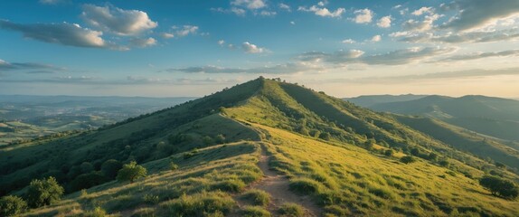 Canvas Print - Green rolling hills under a cloudy sky with a winding path leading to the hilltop in a rural landscape.